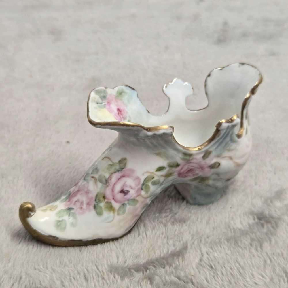Vintage Hand Painted Porcelain Floral Shoe Figurine Gold Trim Signed A. Riggs 61